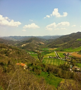 Looking out at the valley behind the Umbrian hill town of Montone.